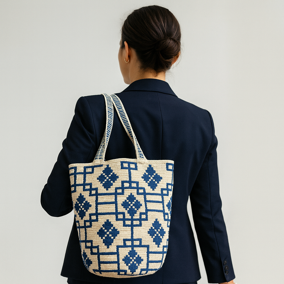 Mayra Wayuu Mochilon Bag – Blue Checkered Handwoven Bag from Colombia