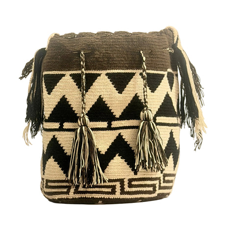 Wayuu Geometric Mochila Medium Shoulder Bag – Handwoven Black Brown & Beige