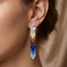 Tropical Feather Dangle Earrings (Blue/Brown/Beige)