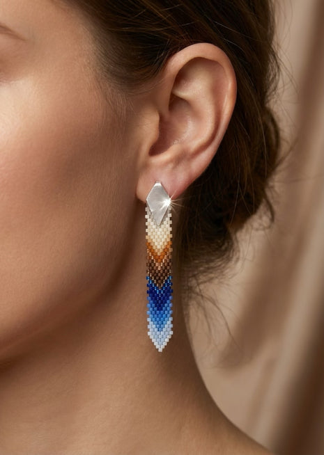 Tropical Feather Dangle Earrings (Blue/Brown/Beige)