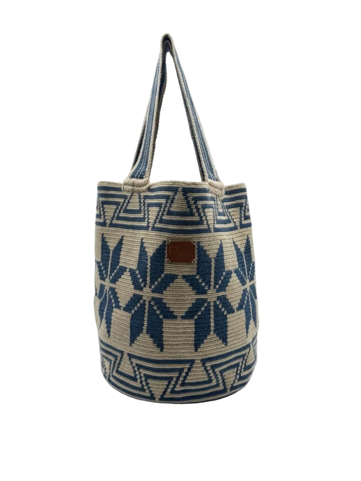 Wayuu Geometric Mochilón Large Bucket Bag – Handwoven Blue & Beige Tote
