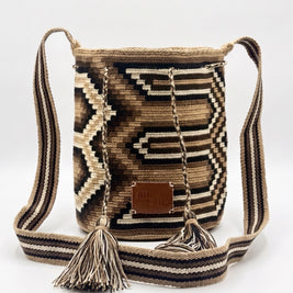 Wayuu Earth Tone Geometric Mochila Small Crossbody – Handwoven Brown Camel Black & Beige