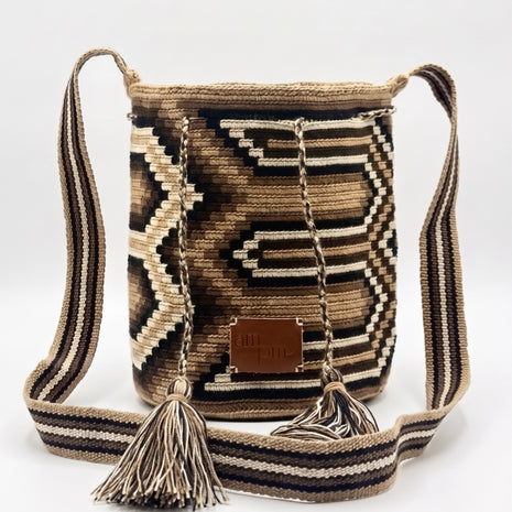 Wayuu Earth Tone Geometric Mochila Small Crossbody – Handwoven Brown Camel Black & Beige