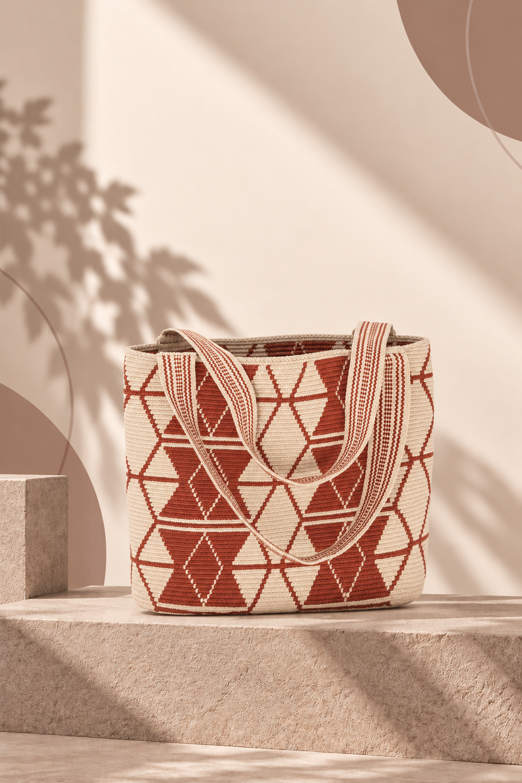 Wayuu Handwoven Tote Bag - Cream & Rust Geometric Woven Daily Shoulder Bag