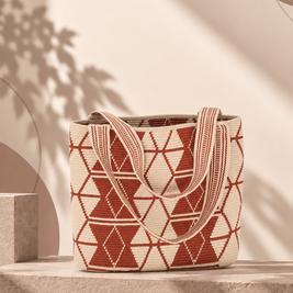 Wayuu Handwoven Tote Bag - Cream & Rust Geometric Woven Daily Shoulder Bag