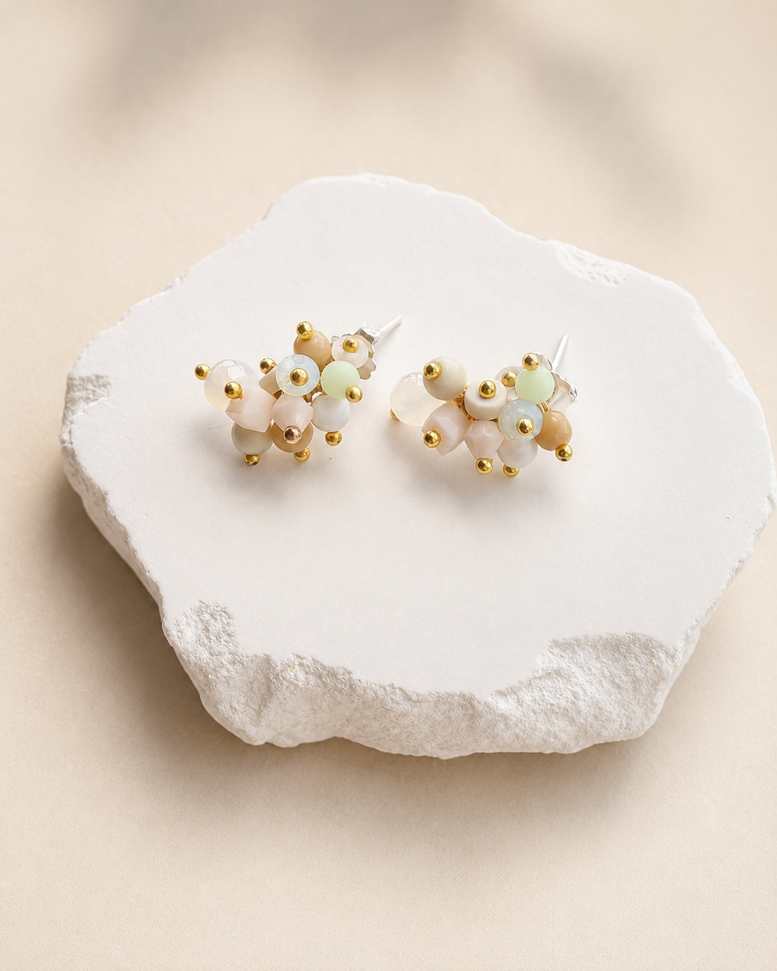 Earthy Cloud & Mint Artisan Cluster Studs – Sterling Silver & Gemstone