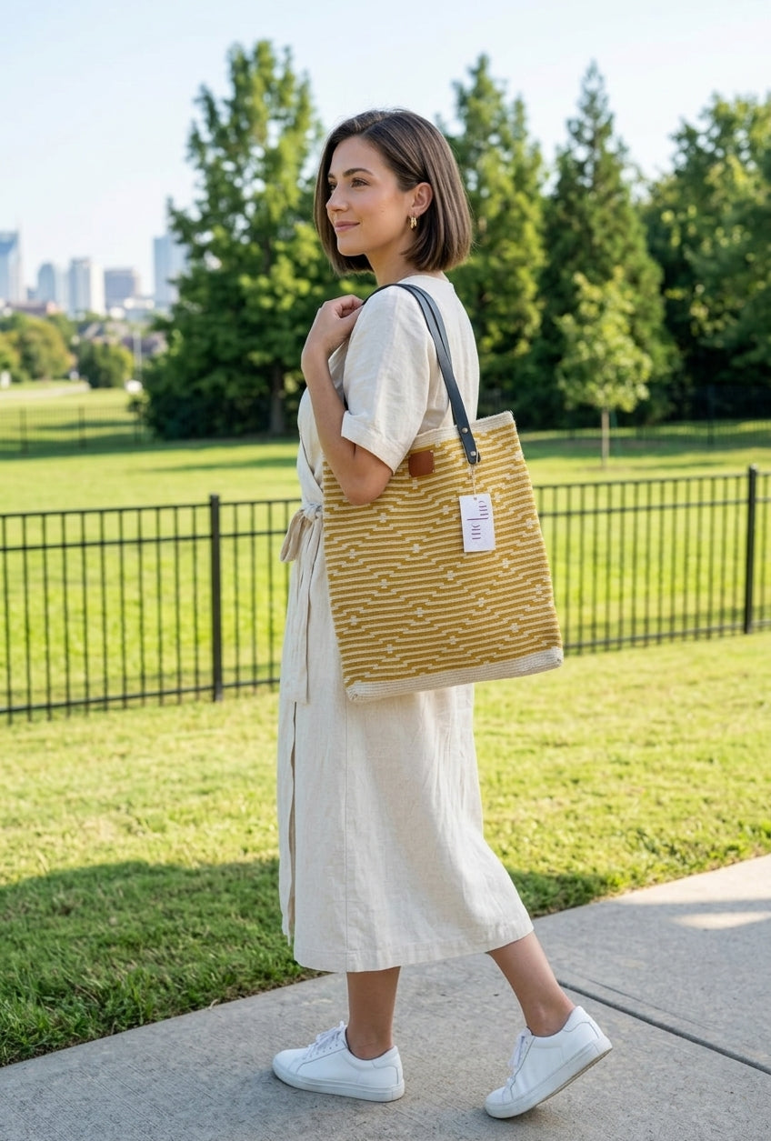 Handwoven Mustard & Cream Geometric Plain Tote Bag | Genuine Leather Handles | Artisan Woven Shoulder Bag for Work & Travel
