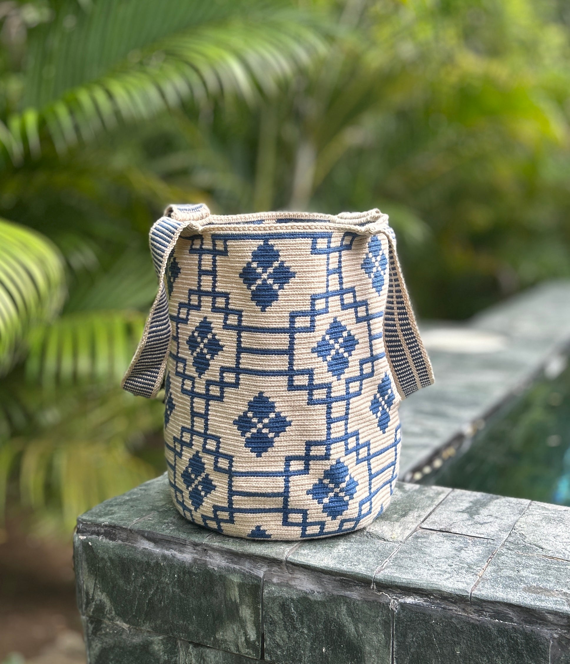Mayra Wayuu Mochilon Bag Blue Checkered Handwoven Ethically Handcrafted From Colombia By Wayuu Artisans