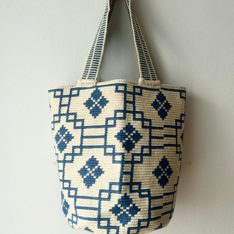 Mayra Wayuu Mochilon Bag – Blue Checkered Handwoven Bag from Colombia