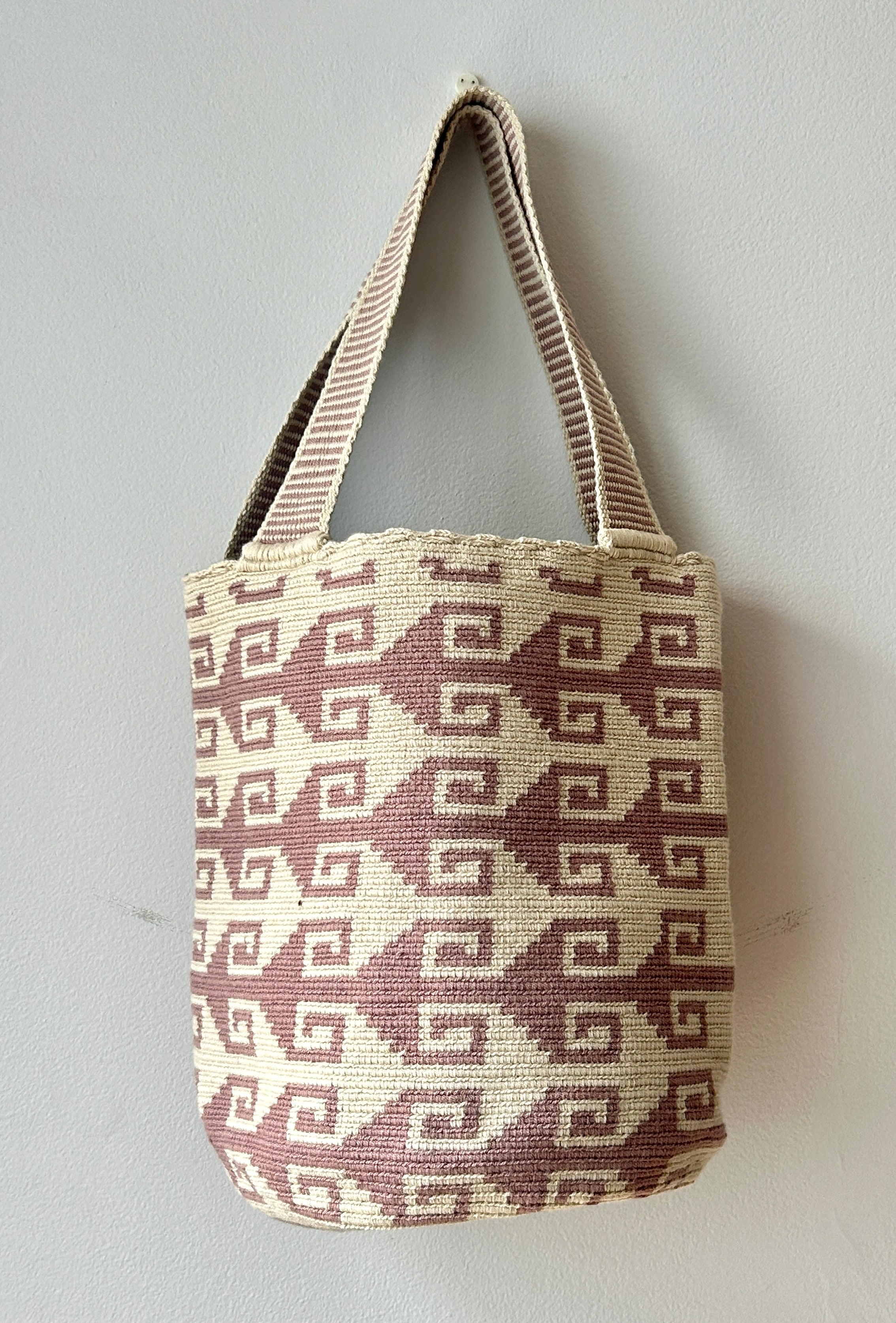 Wayuu Mochilon Bag In Neutral Tones With Floral And Geometric Handwoven Design For Everyday Use
