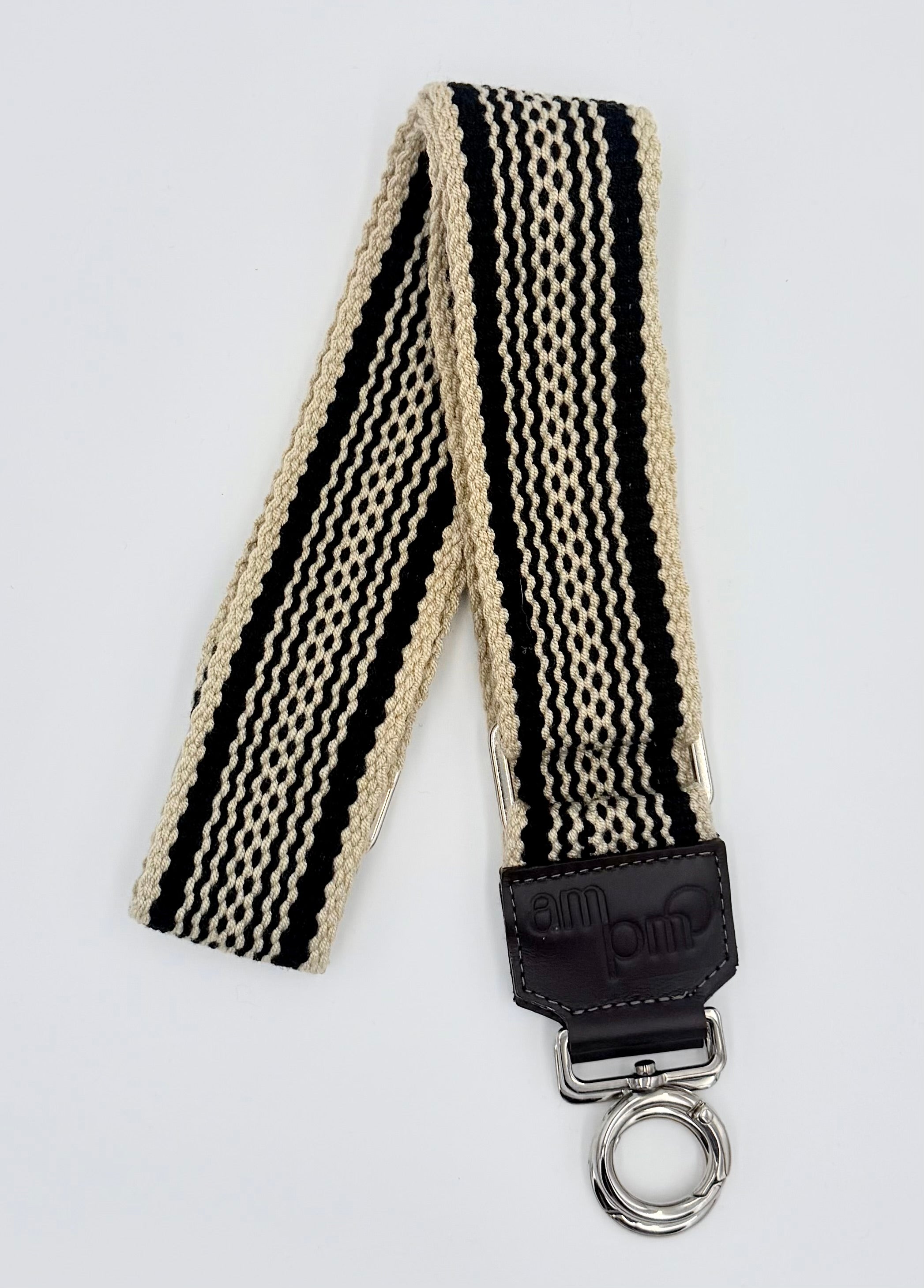 Handwoven Wayuu Bag Strap - Premium Adjustable Edition Black Lines & Dots Raw Trim