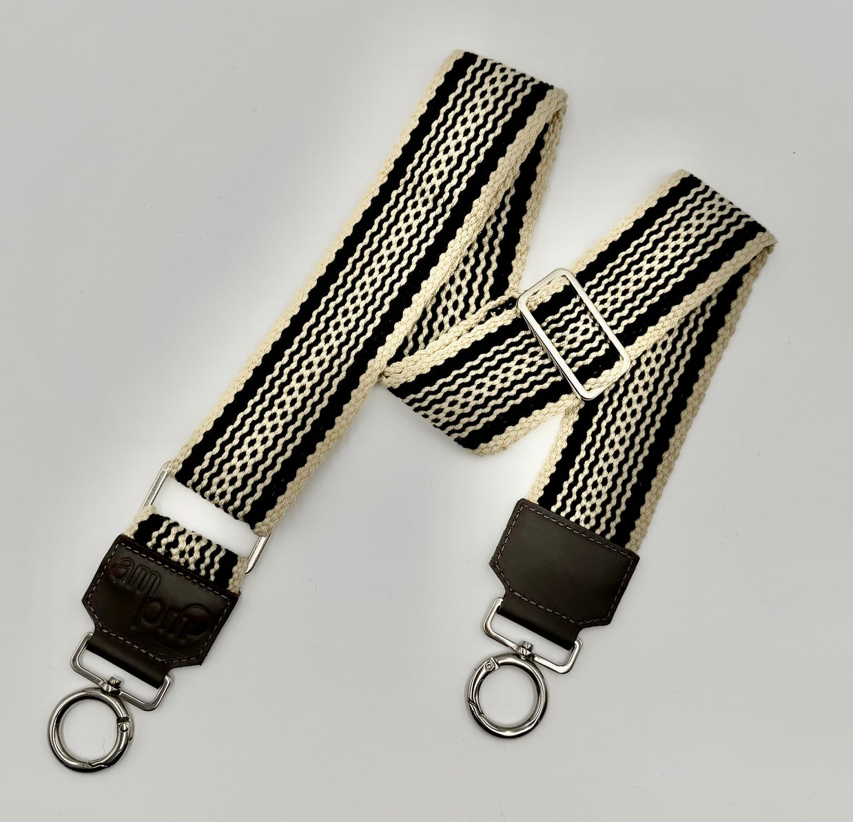 Handwoven Wayuu Bag Strap - Premium Adjustable Edition Black Lines & Dots Raw Trim