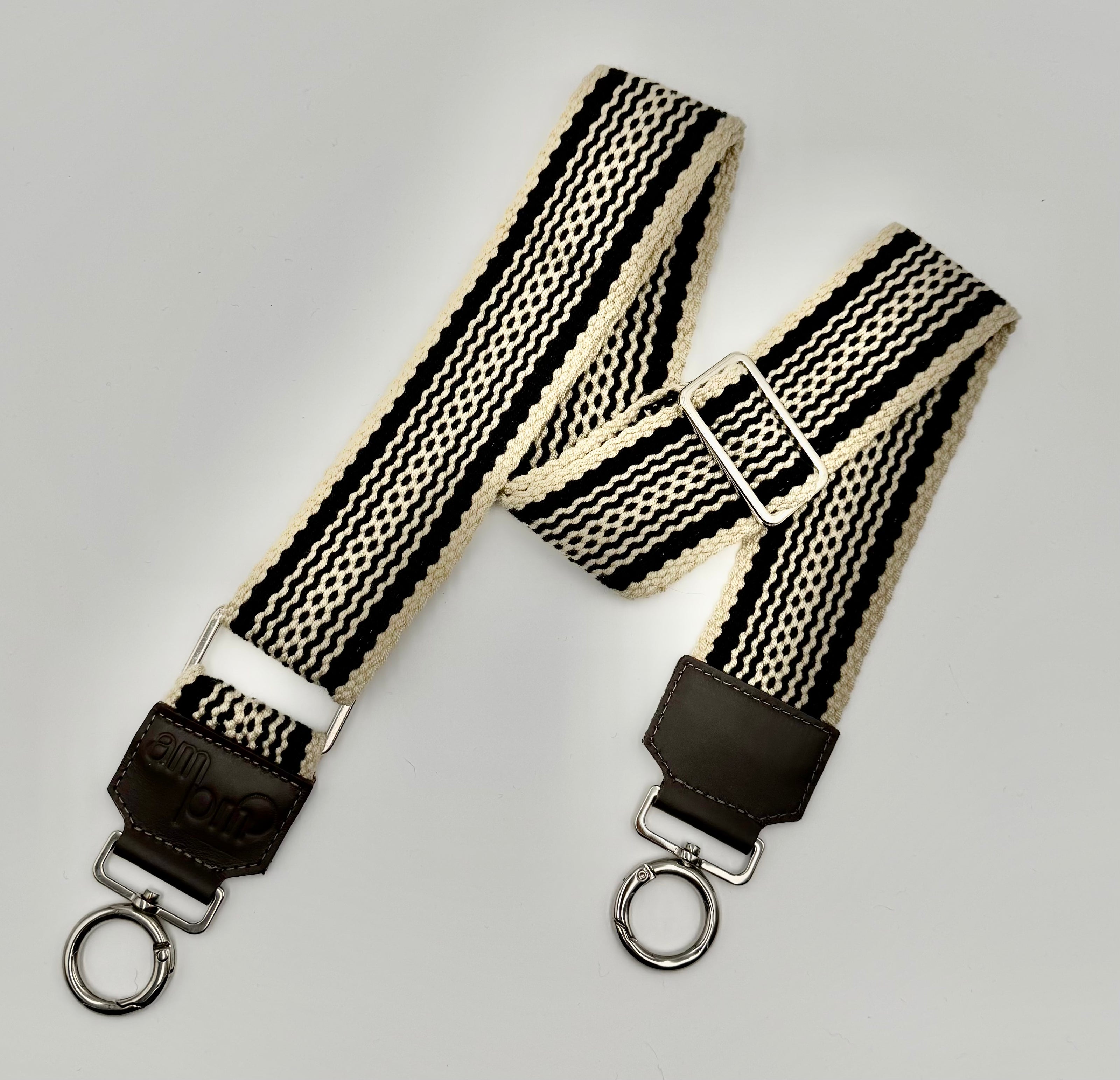 Handwoven Wayuu Bag Strap - Premium Adjustable Edition Black Lines & Dots Raw Trim