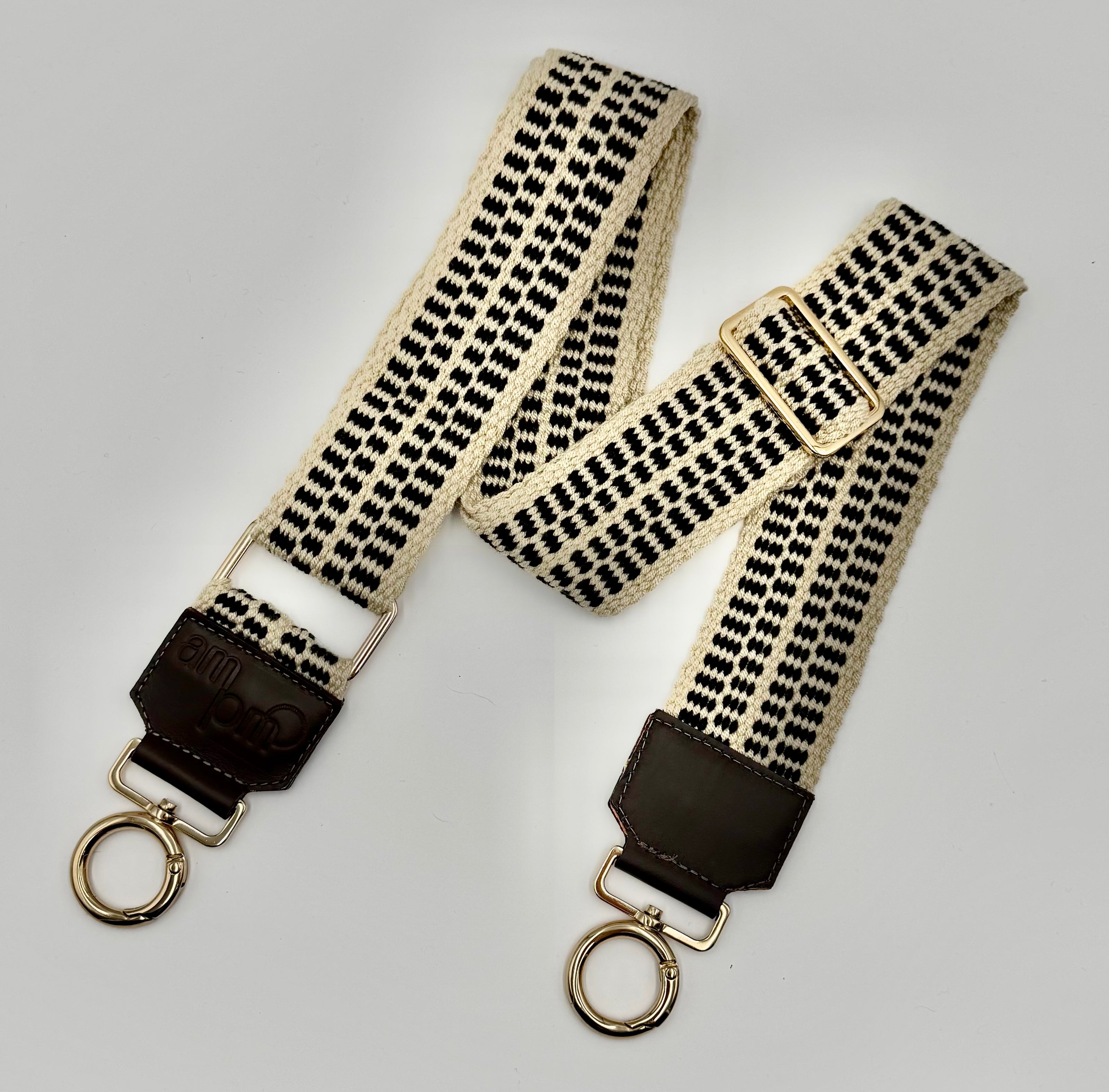 Handwoven Wayuu Bag Strap - Premium Adjustable Edition Black Lines & Dots Raw Trim