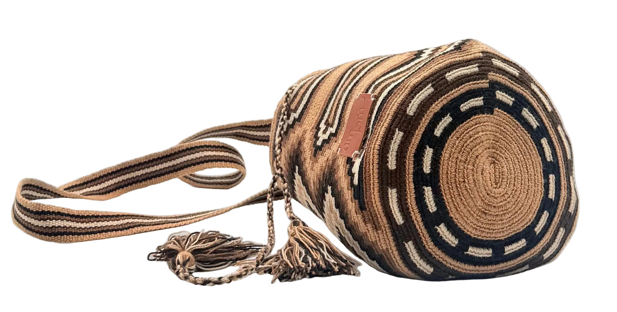 Wayuu Earth Tone Geometric Mochila Small Crossbody – Handwoven Brown Camel Black & Beige