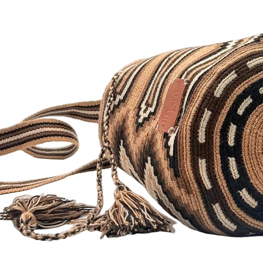 Wayuu Earth Tone Geometric Mochila Small Crossbody – Handwoven Brown Camel Black & Beige