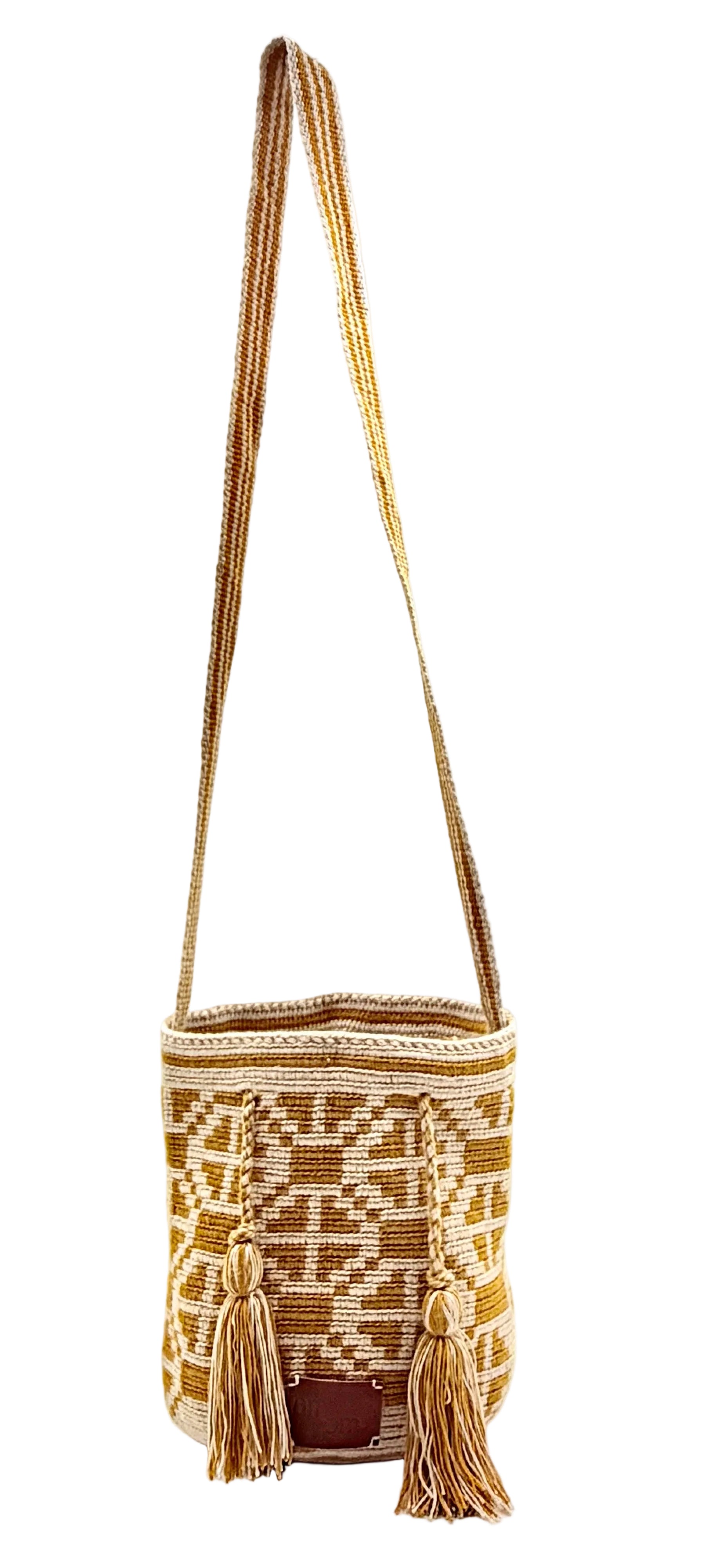 Wayuu Mostaza Geometric Mochila Small Crossbody – Handwoven Mustard & Beige Stripe