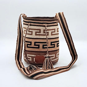 Wayuu Earth Tone Geometric Mochila Small Crossbody – Handwoven Black Brown Camel & Beige