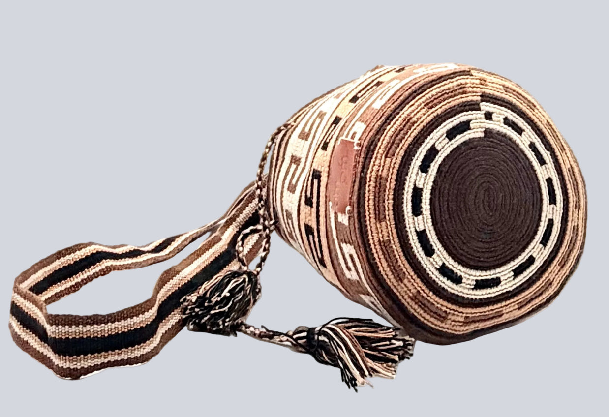 Wayuu Earth Tone Geometric Mochila Small Crossbody – Handwoven Black Brown Camel & Beige