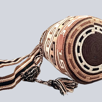 Wayuu Earth Tone Geometric Mochila Small Crossbody – Handwoven Black Brown Camel & Beige