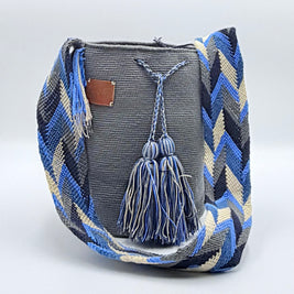 Wayuu Geometric Mochila Medium Shoulder Bag – Handwoven Gray, Pastel Blue, Navy Blue & Beige