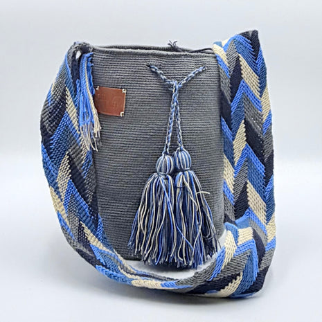 Wayuu Geometric Mochila Medium Shoulder Bag – Handwoven Gray, Pastel Blue, Navy Blue & Beige