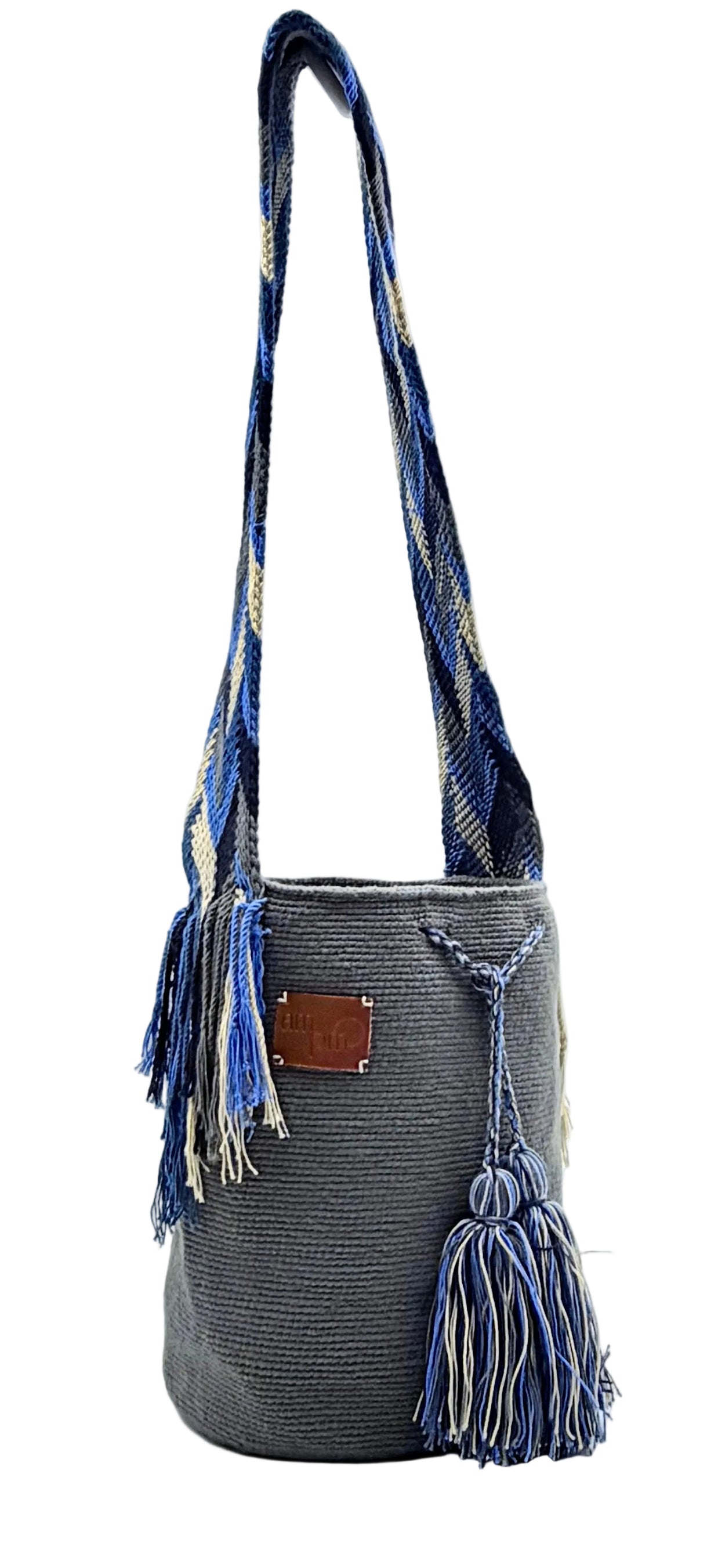 Wayuu Geometric Mochila Medium Shoulder Bag – Handwoven Gray, Pastel Blue, Navy Blue & Beige