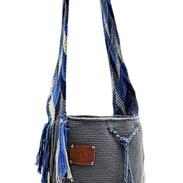 Wayuu Geometric Mochila Medium Shoulder Bag – Handwoven Gray, Pastel Blue, Navy Blue & Beige