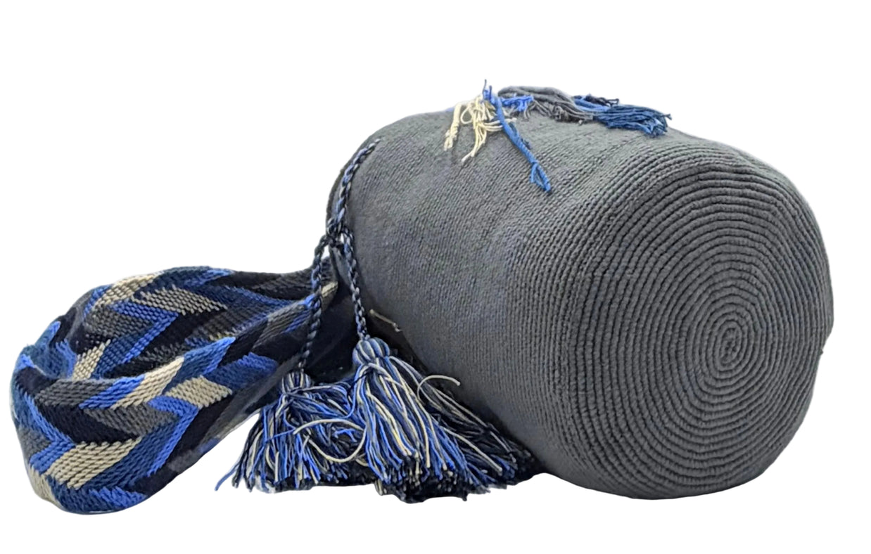 Wayuu Geometric Mochila Medium Shoulder Bag – Handwoven Gray, Pastel Blue, Navy Blue & Beige