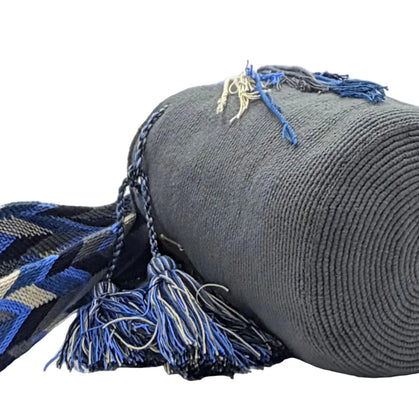 Wayuu Geometric Mochila Medium Shoulder Bag – Handwoven Gray, Pastel Blue, Navy Blue & Beige