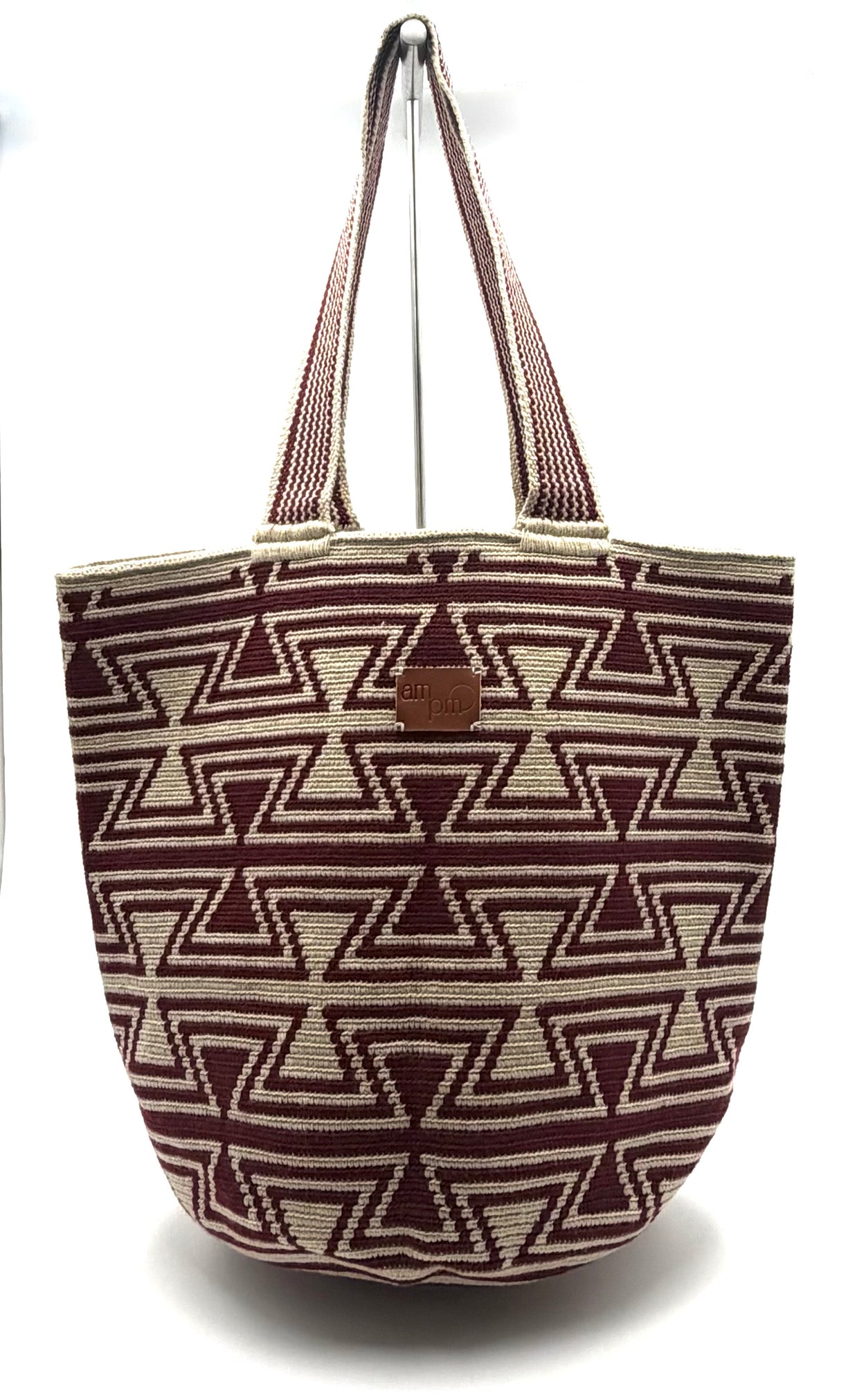#17 Wayuu Geometric Mochilón Large Bucket Bag – Handwoven Burgundy & Beige Tote