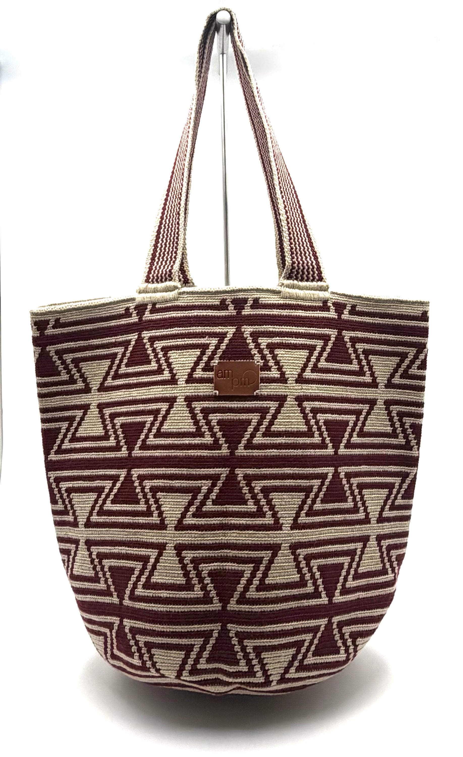 #17 Wayuu Geometric Mochilón Large Bucket Bag – Handwoven Burgundy & Beige Tote