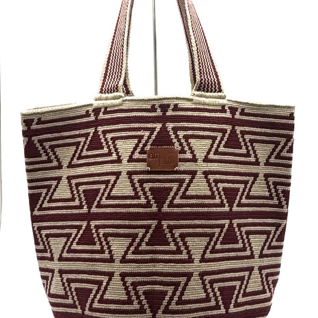 Wayuu Geometric Mochilón Large Bucket Bag – Handwoven Burgundy & Beige Tote