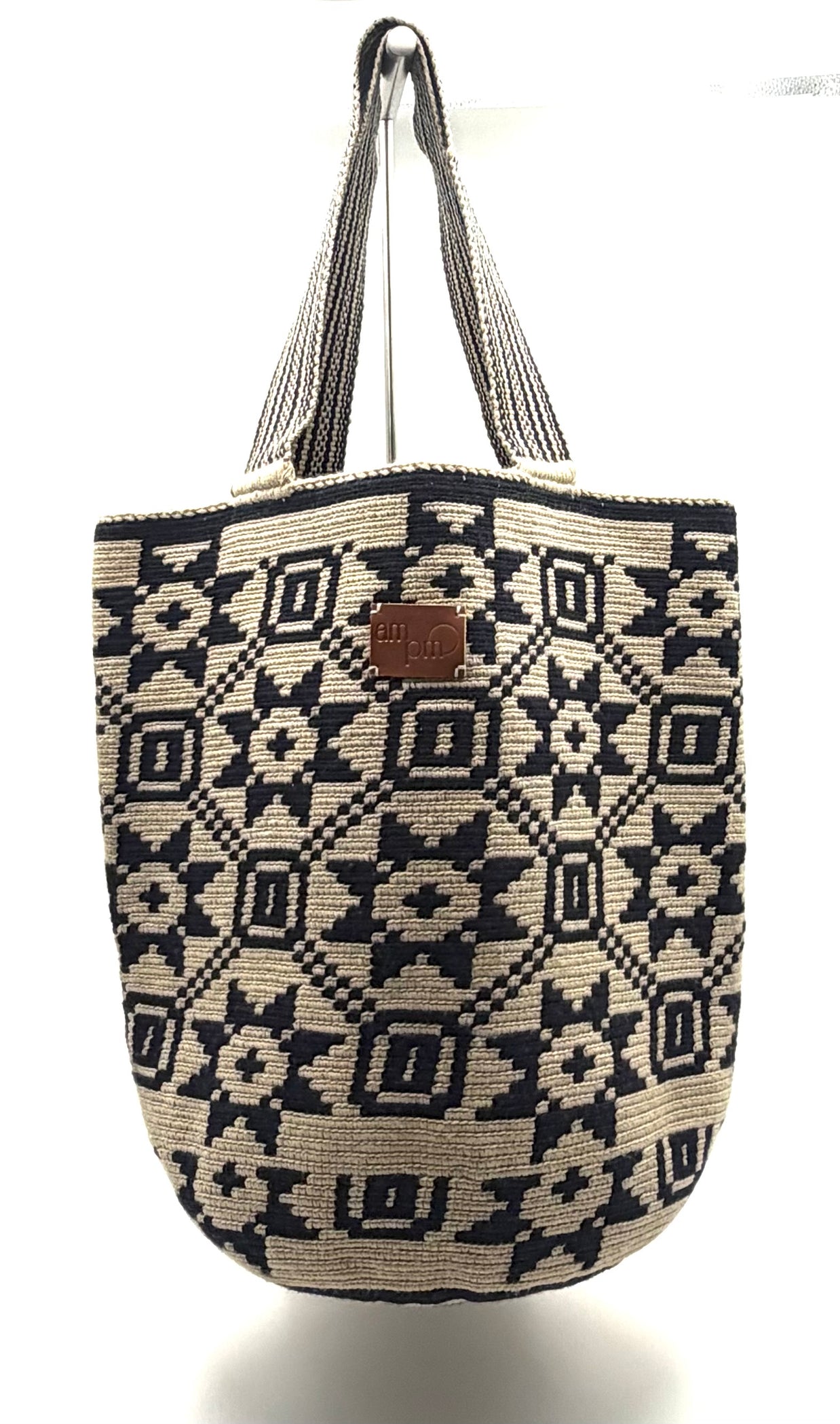 #27 Wayuu Geometric Mochilón Large Bucket Bag – Handwoven Denim Blue & Beige