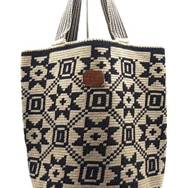 #27 Wayuu Geometric Mochilón Large Bucket Bag – Handwoven Denim Blue & Beige