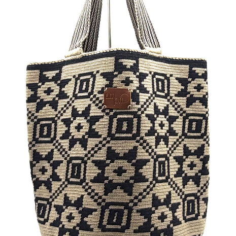 Wayuu Geometric Mochilón Large Bucket Bag – Handwoven Denim Blue & Beige Tote