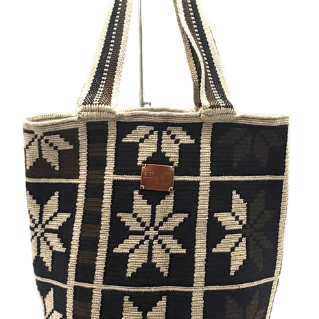 Wayuu Geometric Mochilón Large Bucket Bag – Muted Earth Tones Black Brown Beige Tote