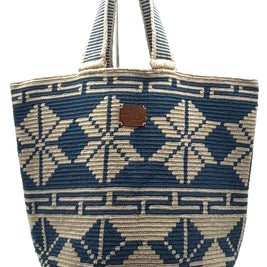 #21 Wayuu Geometric Mochilón Large Bucket Bag – Handwoven Navy Blue & Beige Tote