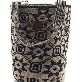 #27 Wayuu Geometric Mochilón Large Bucket Bag – Handwoven Denim Blue & Beige