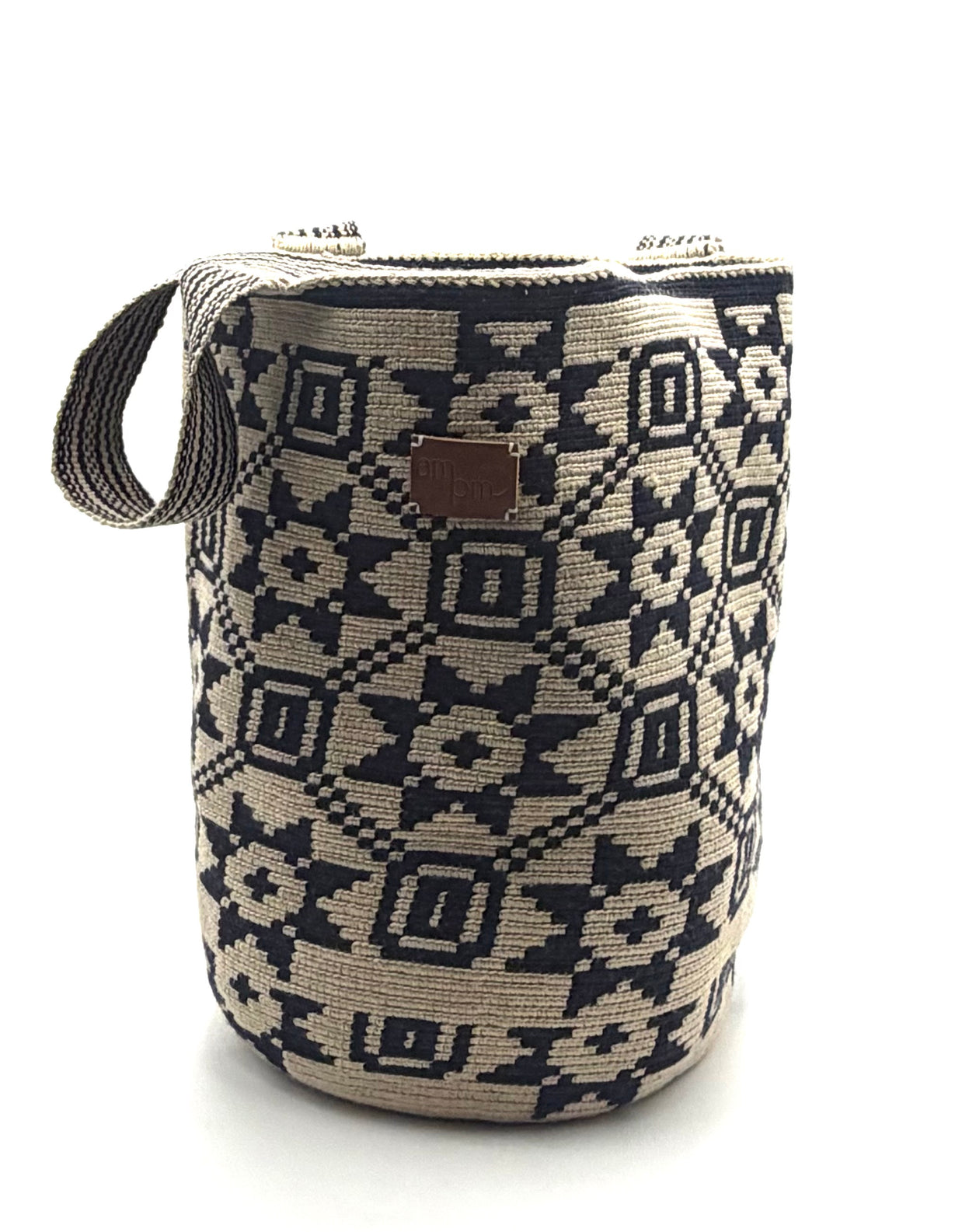 #27 Wayuu Geometric Mochilón Large Bucket Bag – Handwoven Denim Blue & Beige