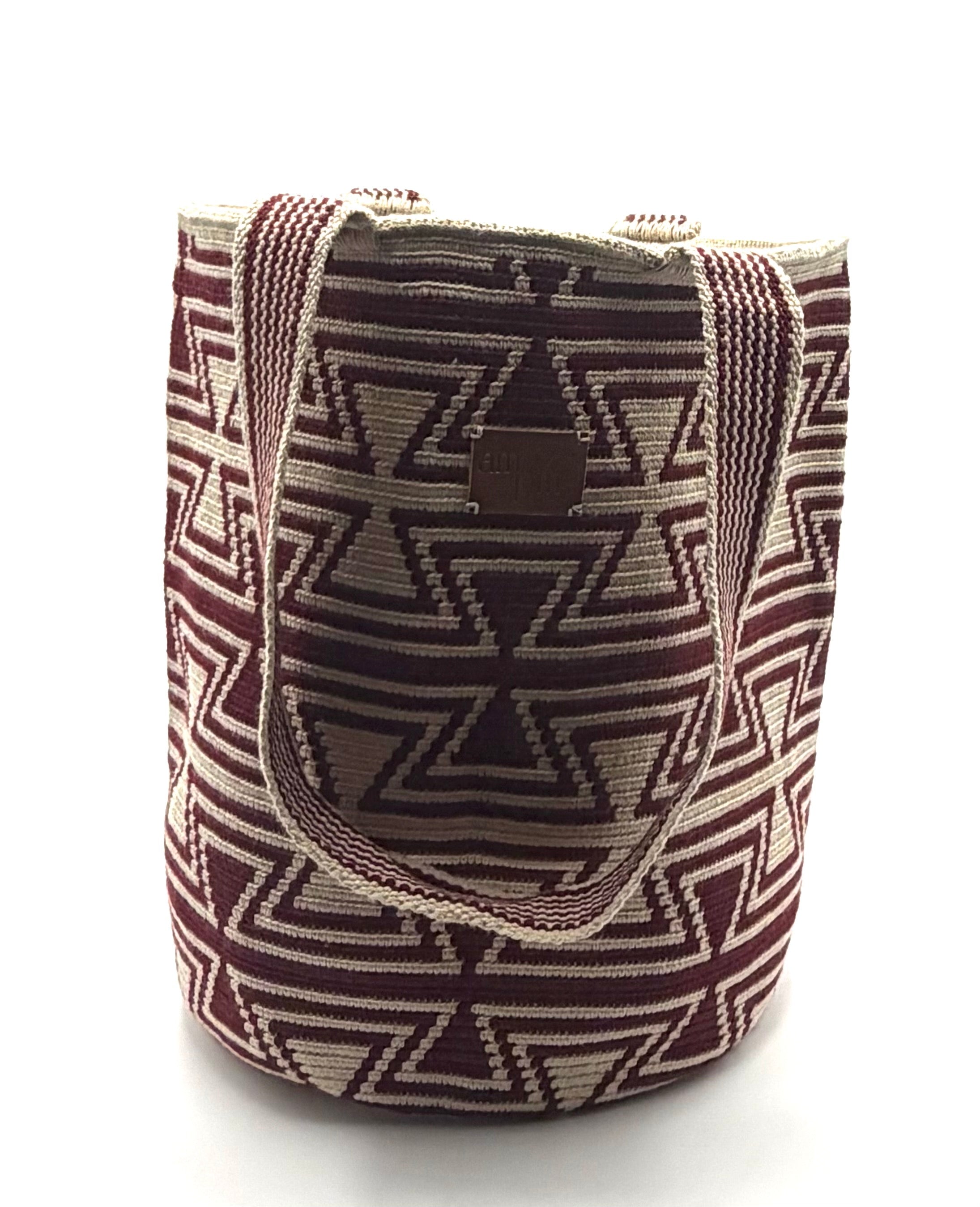 #17 Wayuu Geometric Mochilón Large Bucket Bag – Handwoven Burgundy & Beige Tote