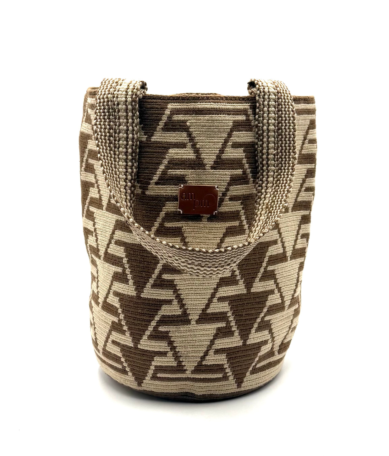 #25 Wayuu Geometric Mochilón Large Bucket Bag – Handwoven Light Brown & Beige