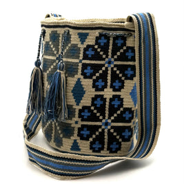 Wayuu Geometric Mochila Medium Shoulder Bag – Handwoven Slate Blue, Gray & Beige