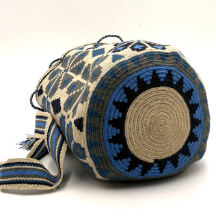 Wayuu Geometric Mochila Medium Shoulder Bag – Handwoven Slate Blue, Gray & Beige