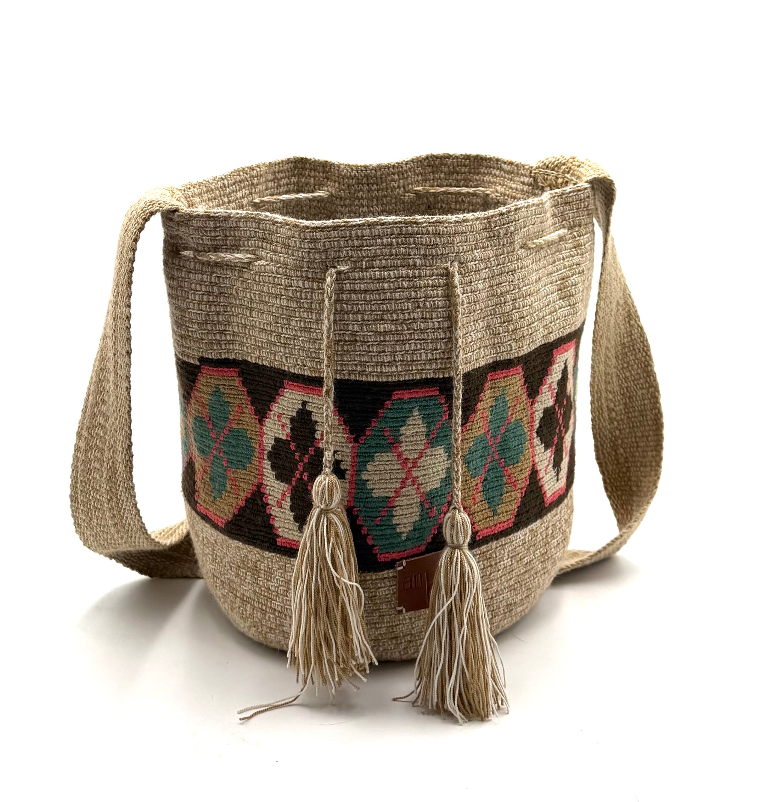 Wayuu Geometric Mochila Medium Shoulder Bag – Handwoven Earth Tone & Coral