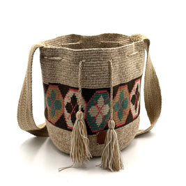 Wayuu Geometric Mochila Medium Shoulder Bag – Handwoven Earth Tone & Coral