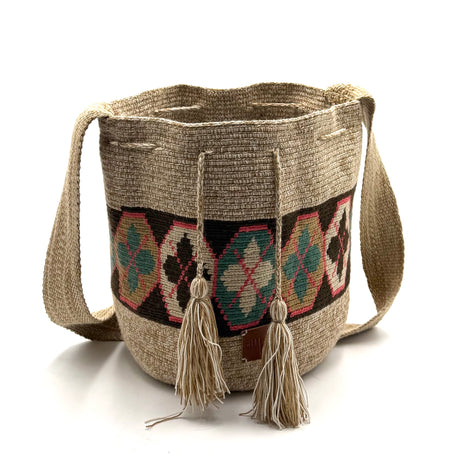 Wayuu Geometric Mochila Medium Shoulder Bag – Handwoven Earth Tone & Coral