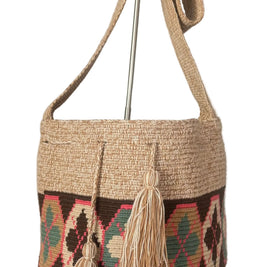 Wayuu Geometric Mochila Medium Shoulder Bag – Handwoven Earth Tone & Coral