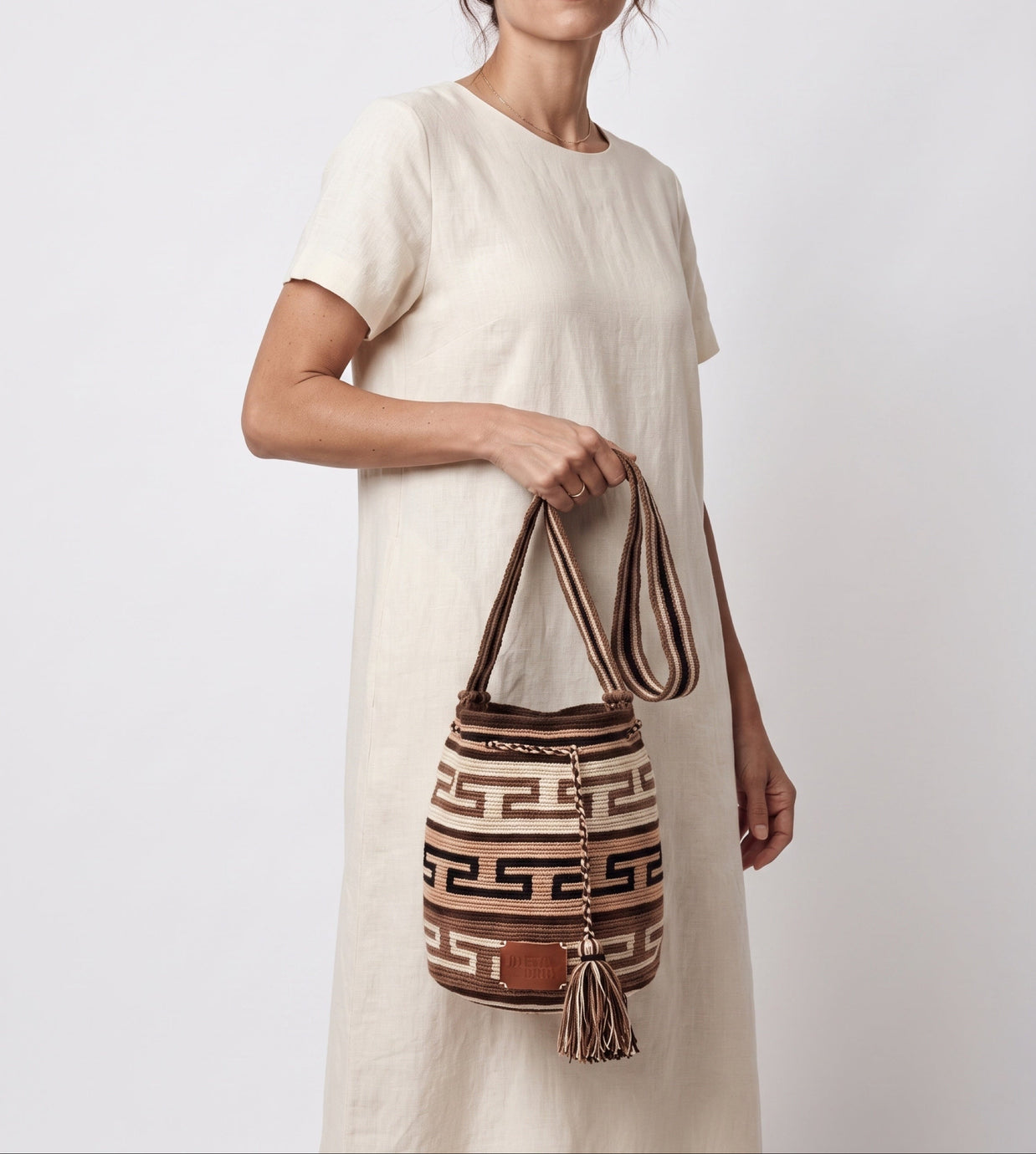 Wayuu Earth Tone Geometric Mochila Small Crossbody – Handwoven Black Brown Camel & Beige