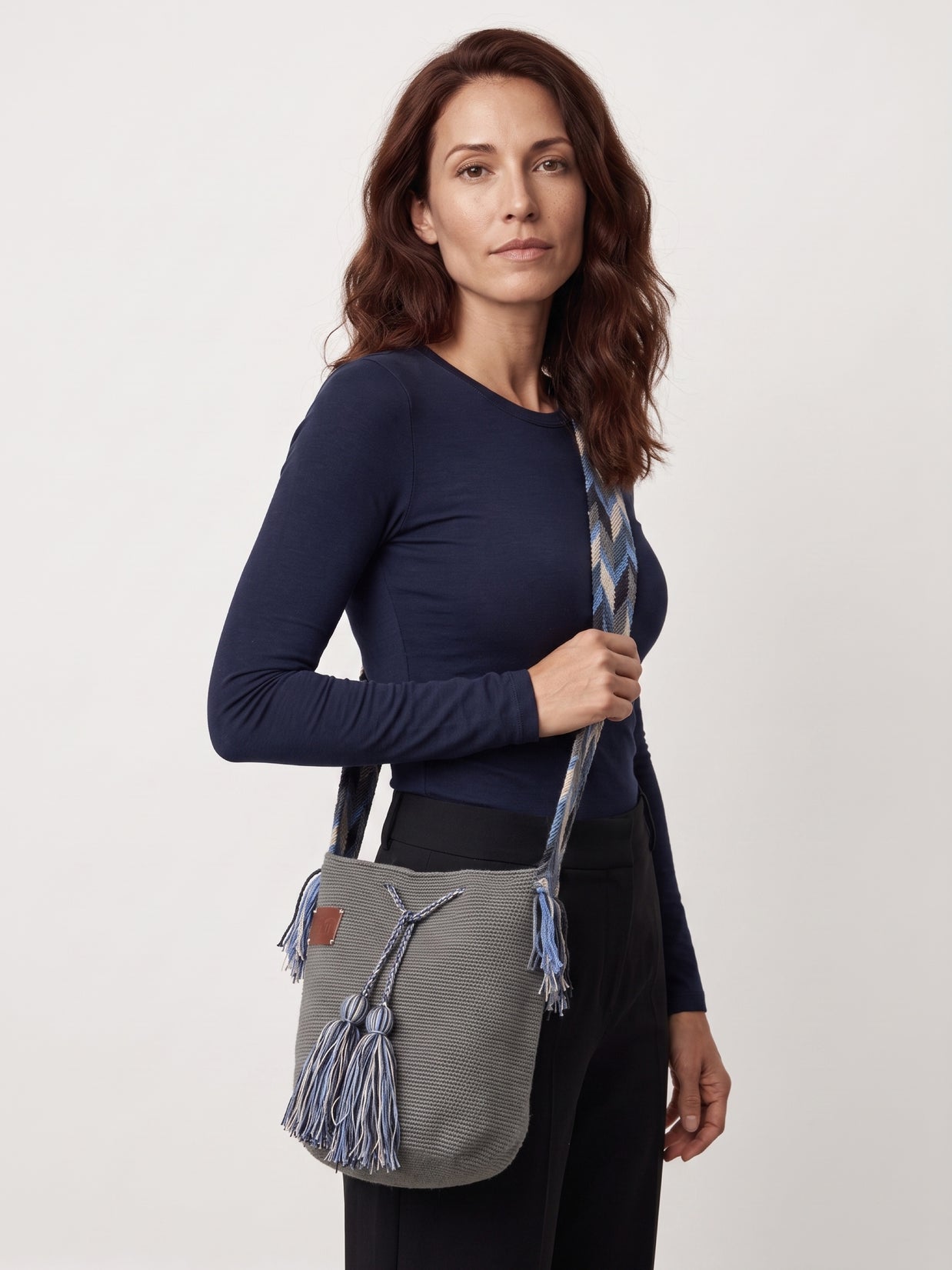 Wayuu Geometric Mochila Medium Shoulder Bag – Handwoven Gray, Pastel Blue, Navy Blue & Beige